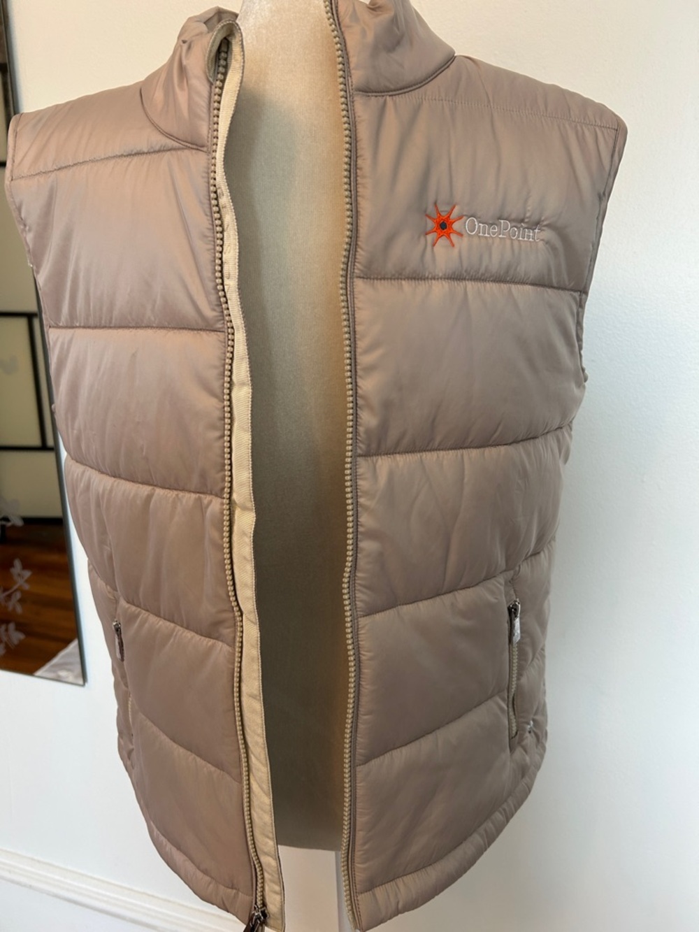 Greyson Puffer Vest in Taupe with Orange Logo